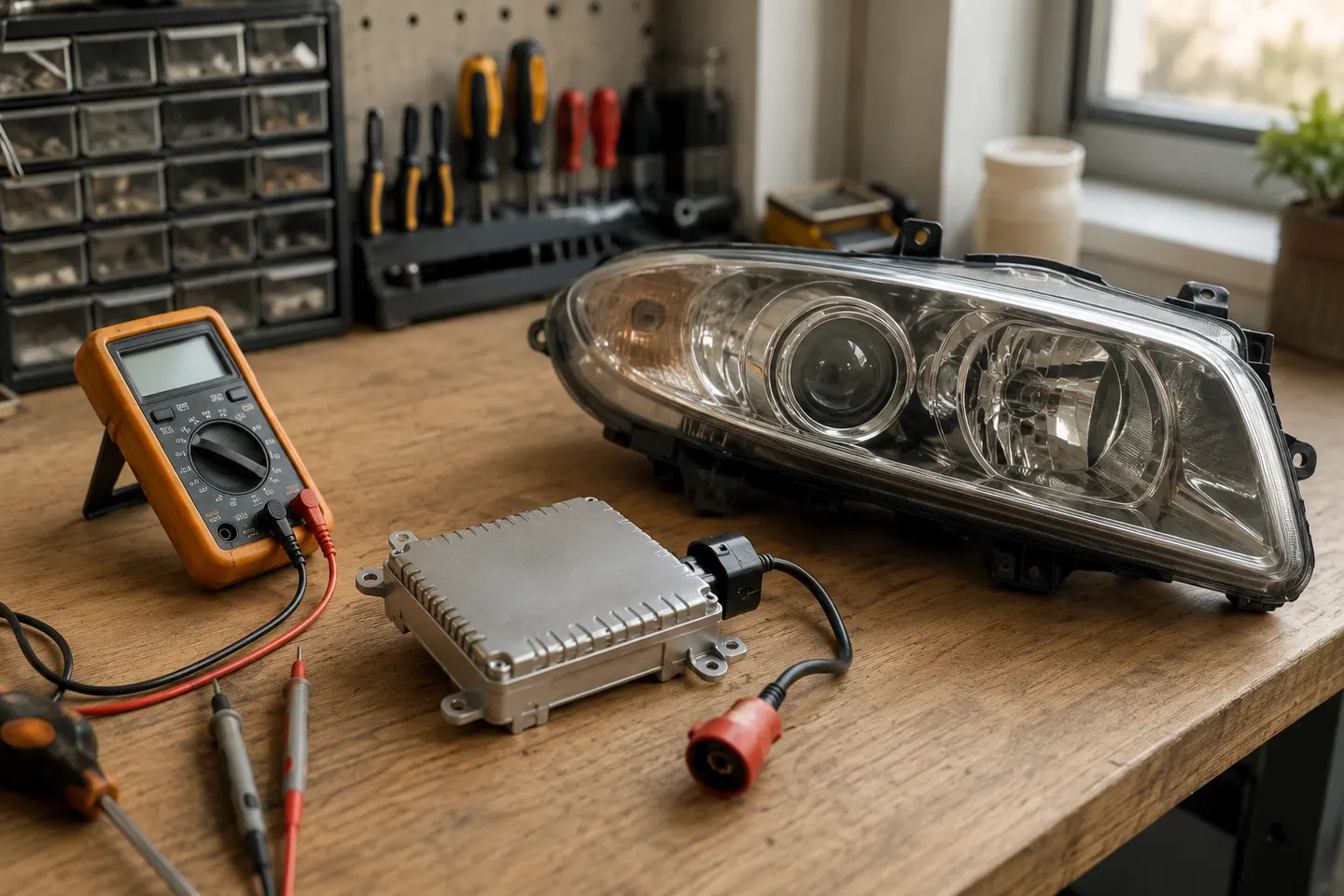 Balastro de faro xenón sobre la mesa de trabajo del taller